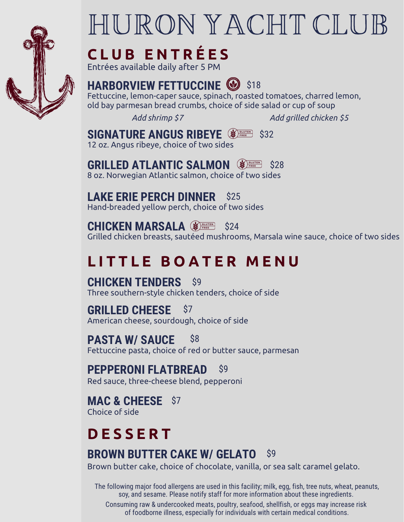 HYC Entrées, Kids and Desserts Menu